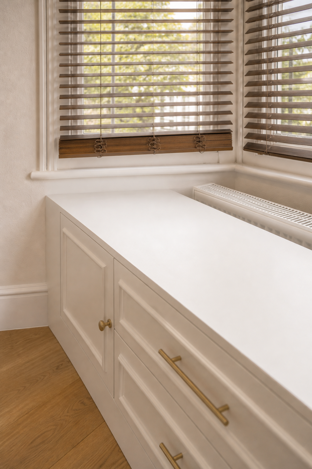 Close view along the fitted bay top showing the timber blinds and retained radiator clearance