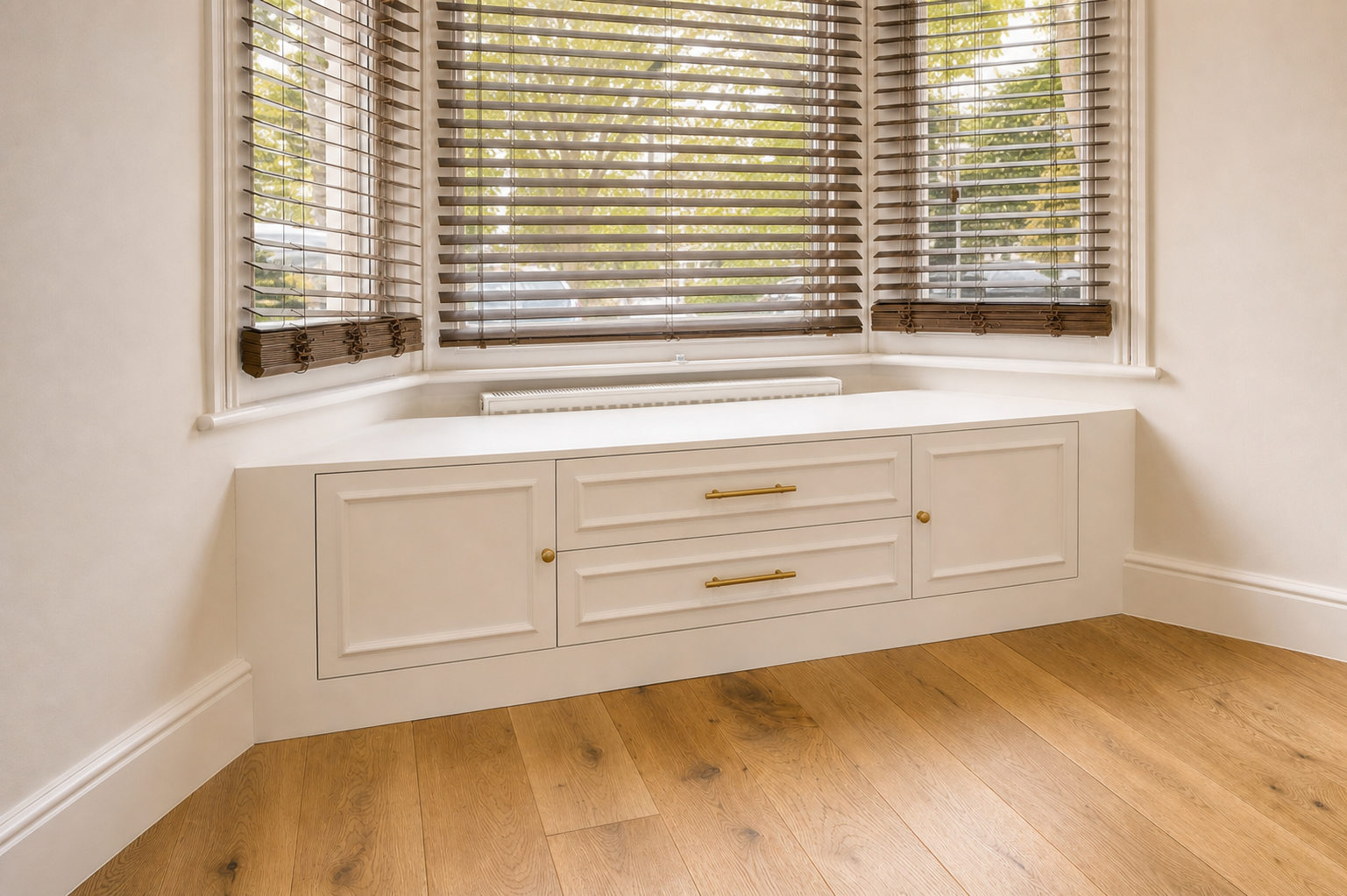 Oblique view of the completed fitted storage across the three-sided bay window