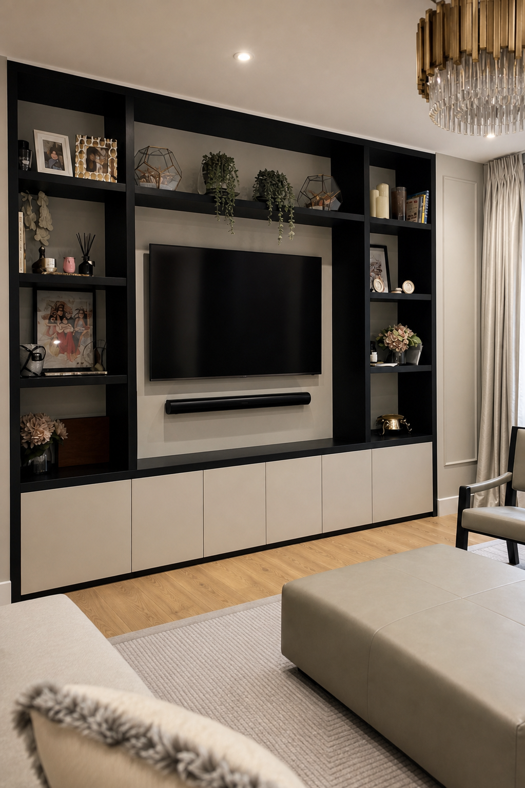 Close three-quarter view of the matte black media shelving, television and warm-grey base cabinets