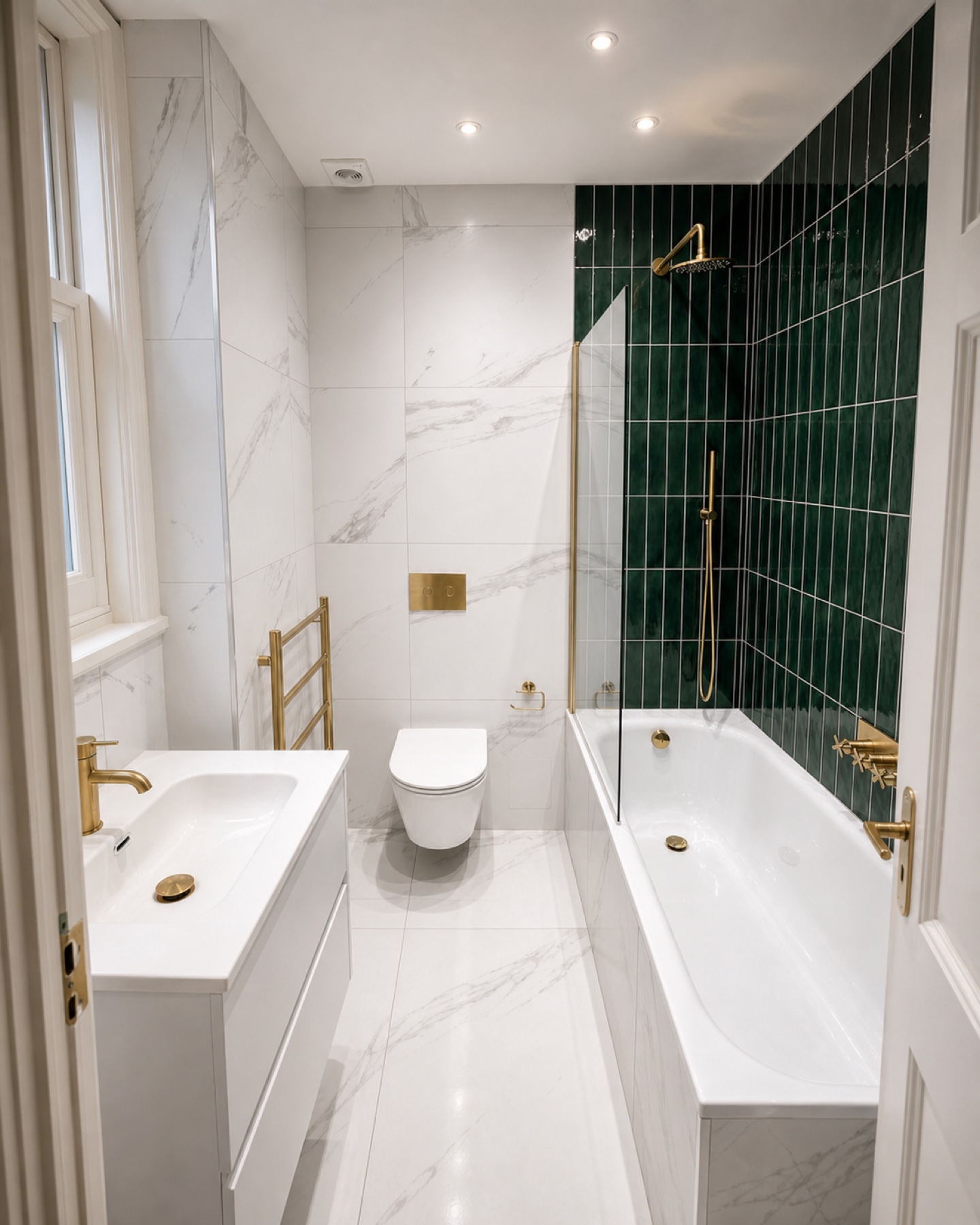 Completed London bathroom with emerald glazed tiles, white marble-look porcelain and brushed brass fittings