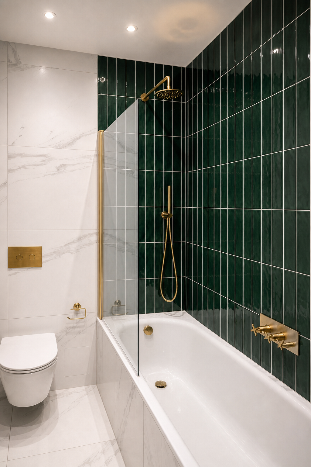 Close three-quarter view of the white bath, emerald tiled shower wall, glass screen and brass fittings
