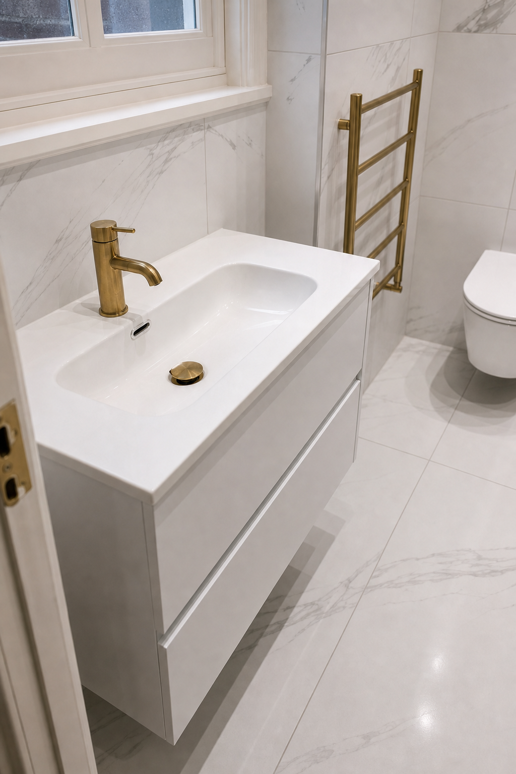 Close view of the white vanity, integrated basin, brass tap, towel rail and marble-look tiles