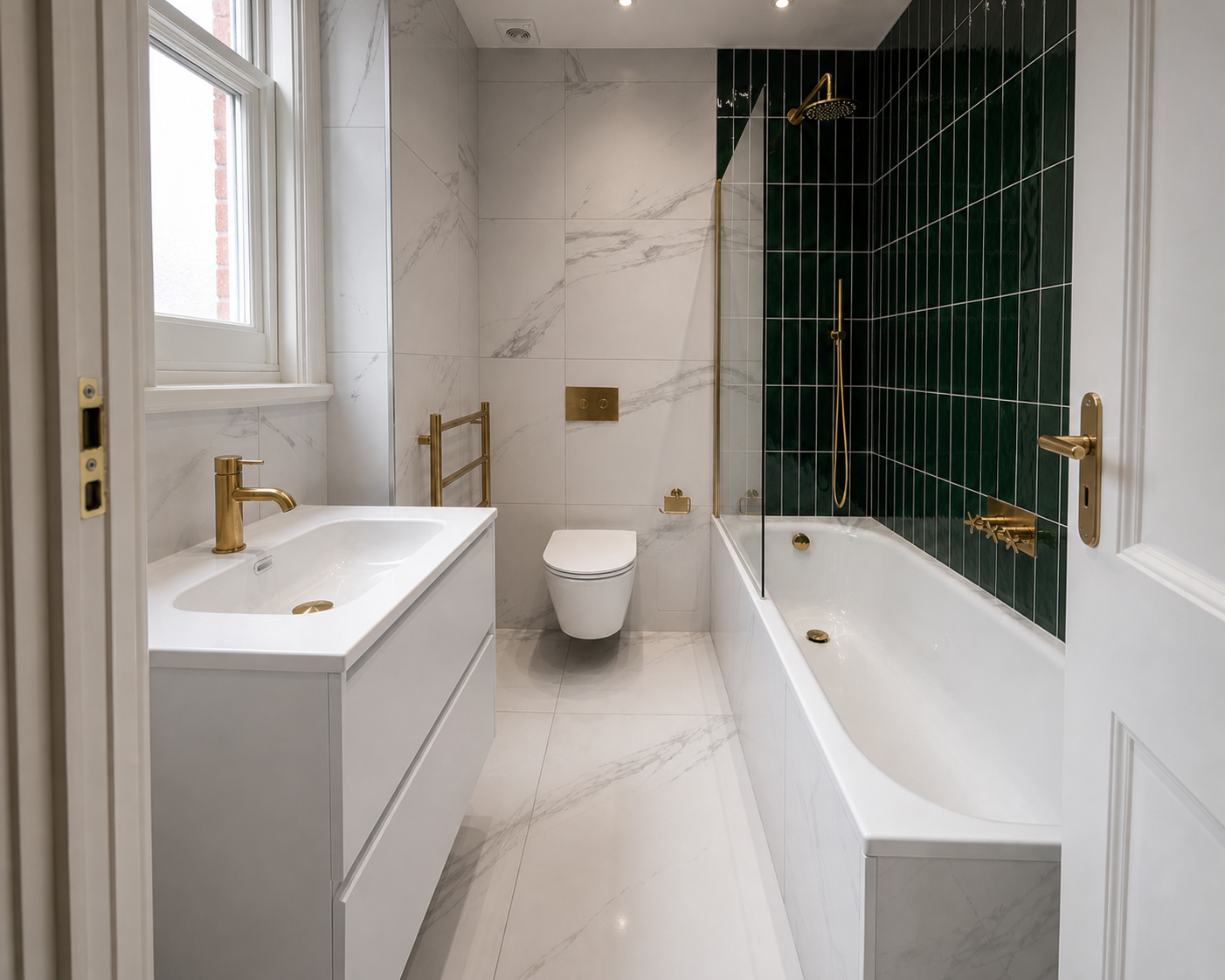 Lower three-quarter view through the completed bathroom showing the vanity, wall-hung WC and bath