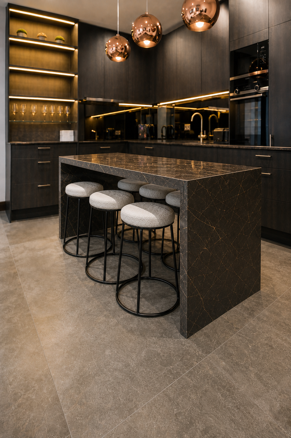 Close view of the extended dark marble breakfast table with six correctly spaced upholstered stools and copper pendant lights