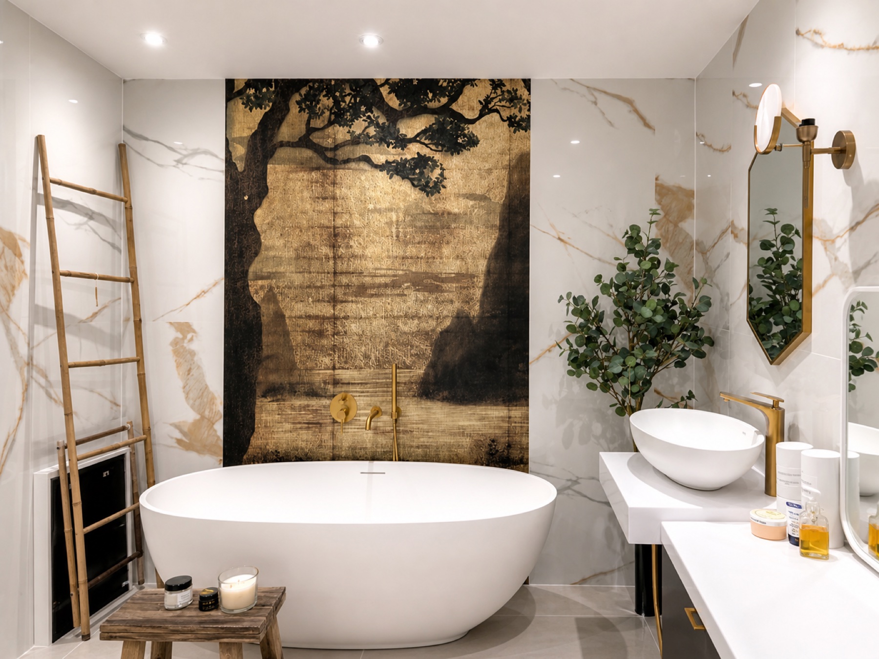 Completed London bathroom with a freestanding white bath, tree mural, marble-look slabs and brushed brass fittings