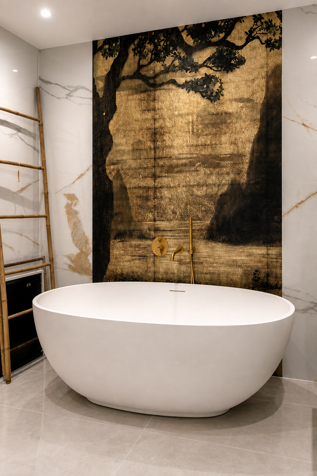 Close three-quarter view of the freestanding white bath, tree mural and brushed brass wall-mounted controls