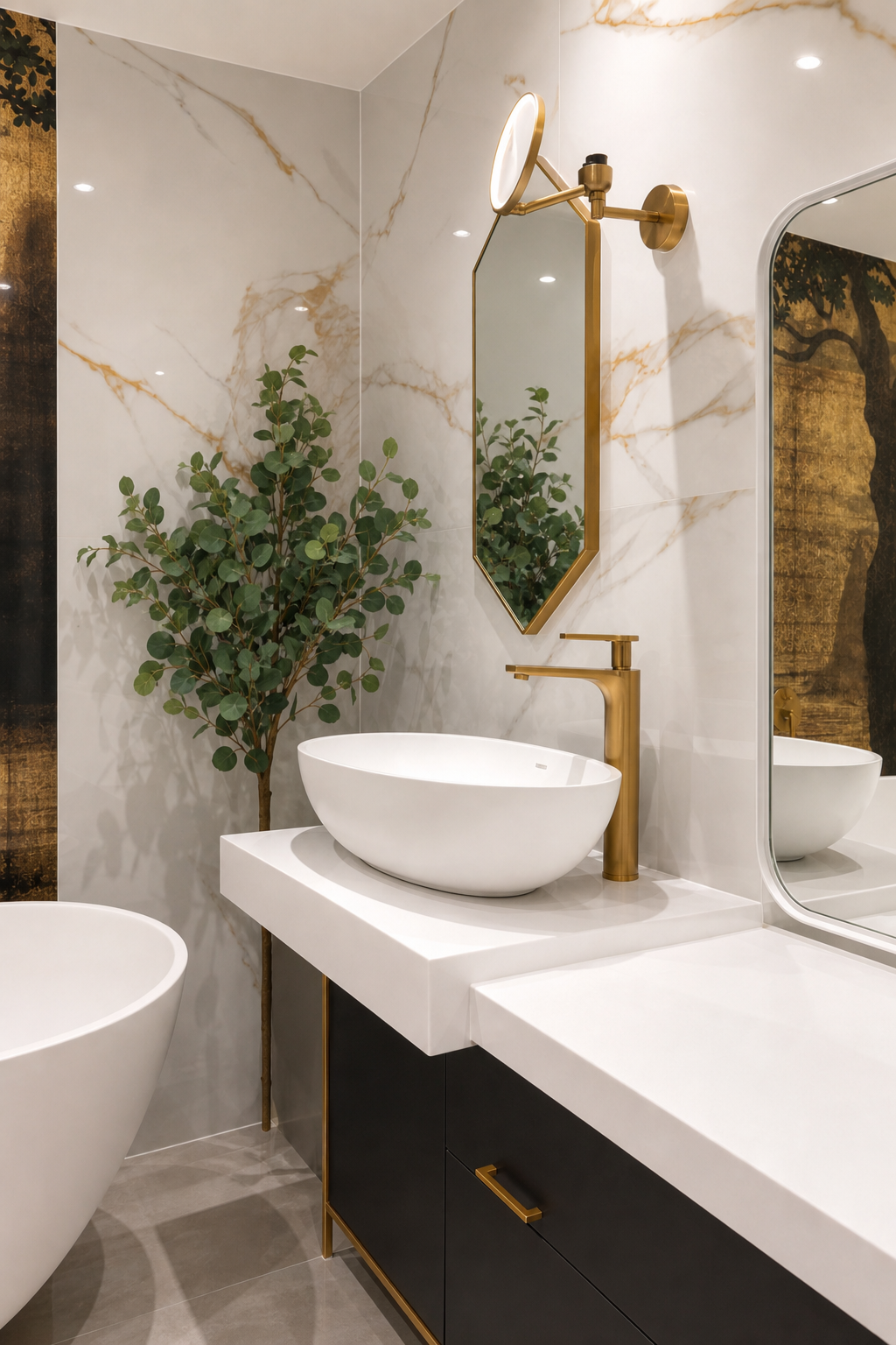 Close view of the white vessel basin, brushed brass tap, dark vanity, mirrors and green plant