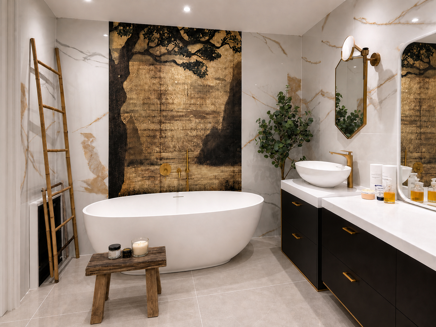 Lower diagonal view across the completed bathroom toward the bath, mural and vanity