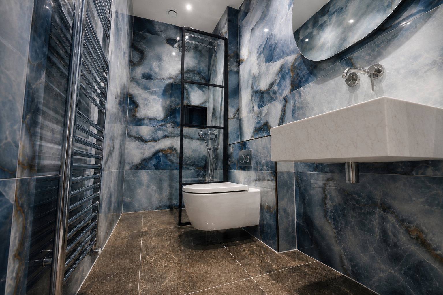 Low-angle view across the dark stone floor toward the wall-hung WC and shower