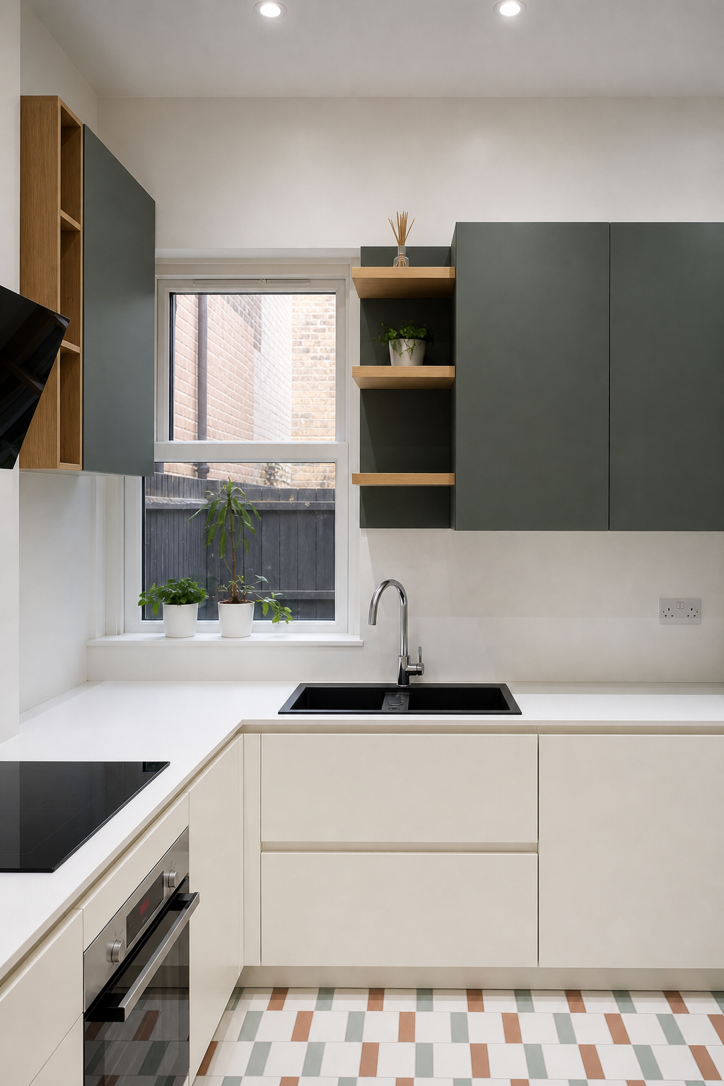Close view of the black sink, chrome tap, sage cabinetry and oak shelves around the kitchen window