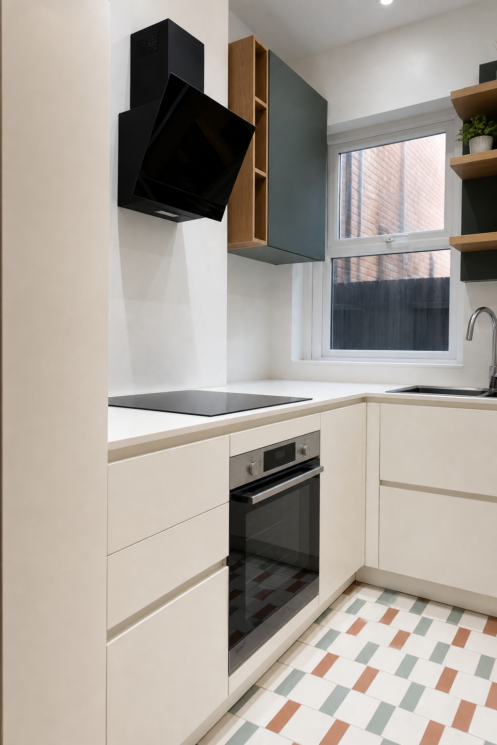 Close view of the black induction hob, integrated oven and angled extractor in the completed kitchen