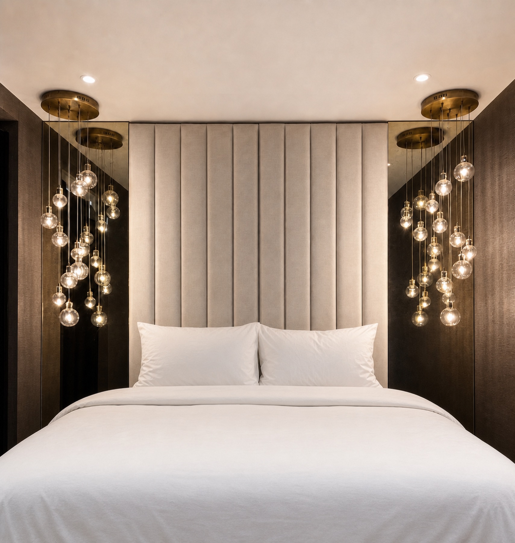 Straight-on view of the white bed, vertical upholstered headboard and matching pendant clusters