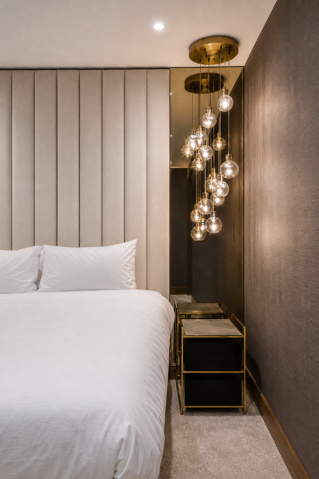 Close three-quarter view of the right bedside cabinet, bronze mirror and cascading glass pendant lights