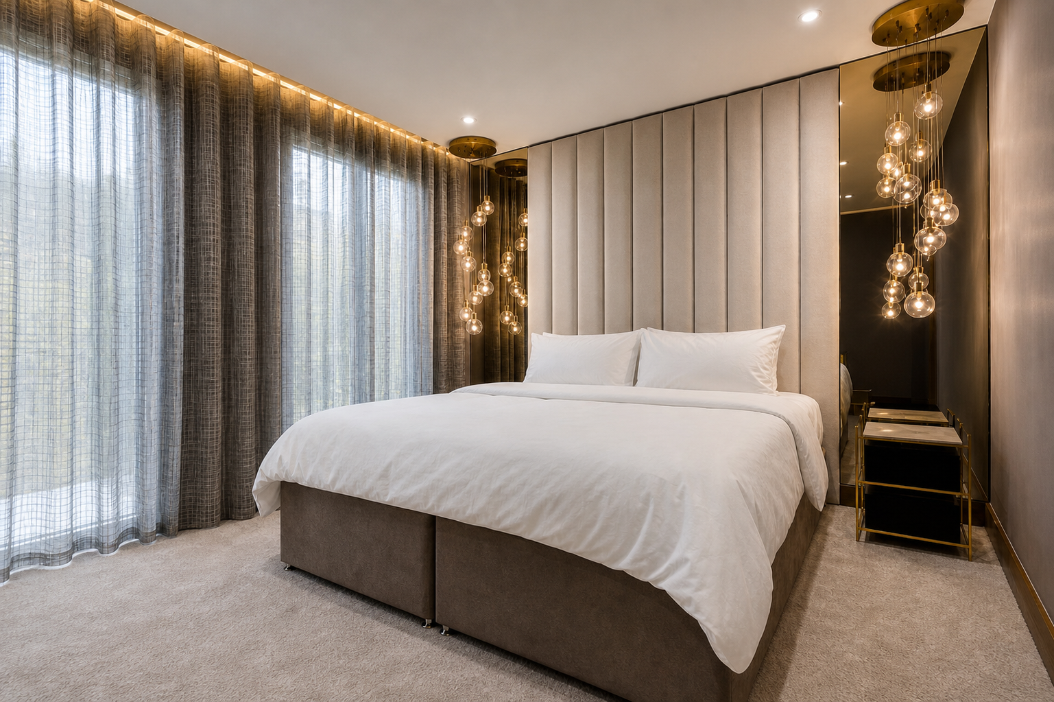 Low three-quarter view across the completed bedroom toward the upholstered headboard and bronze mirrors