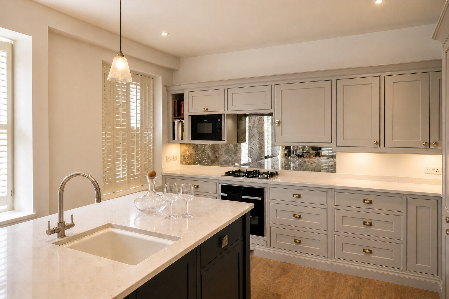 Completed warm grey Shaker kitchen with a dark island, pale worktops and brass hardware