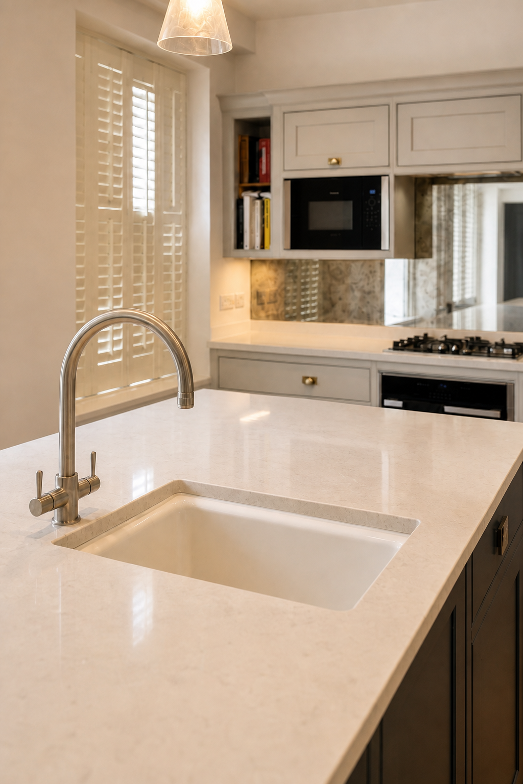 Close view of the pale island worktop, undermount sink and brushed-metal tap