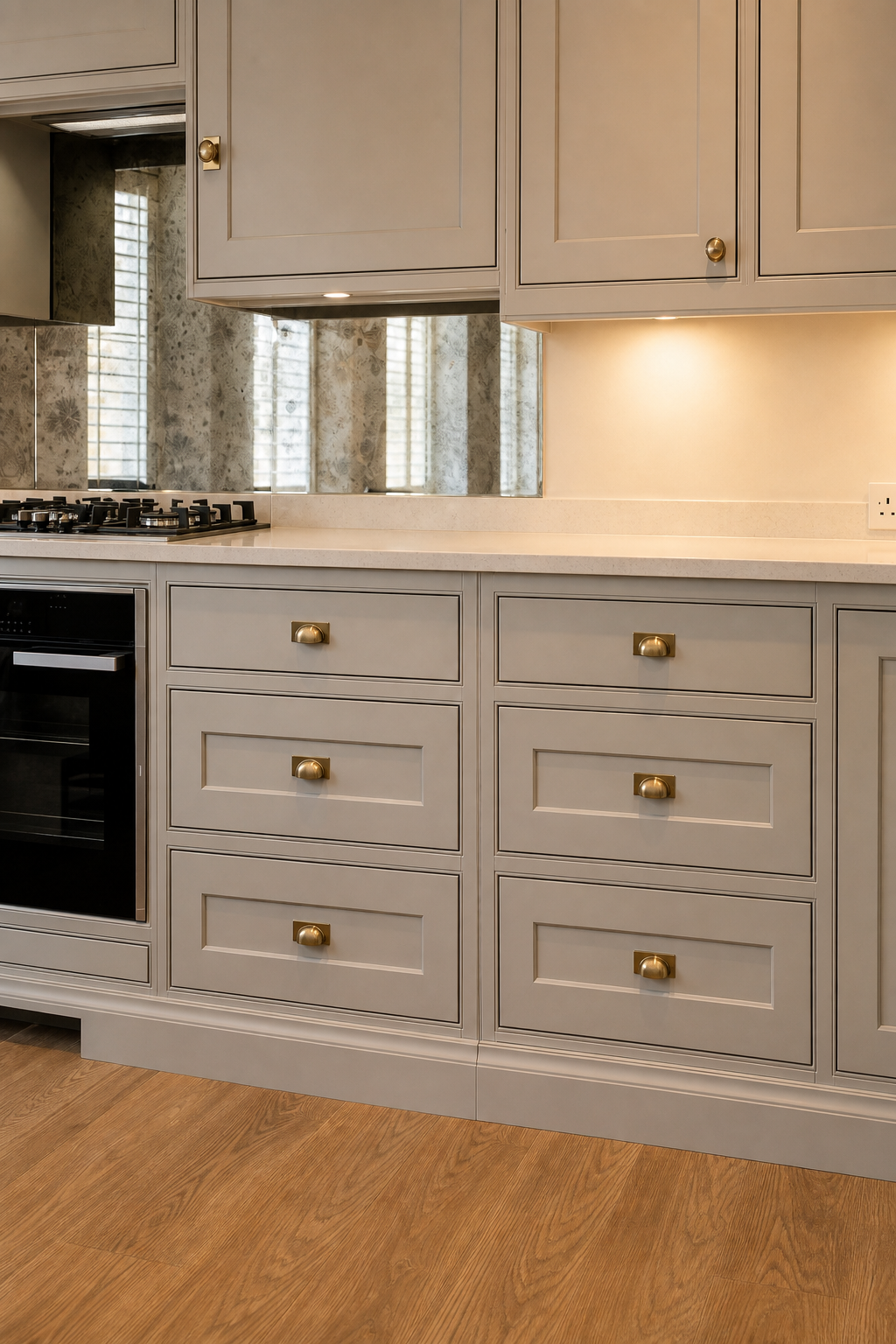 Detailed view of warm grey inset drawers with brass cup pulls and knobs