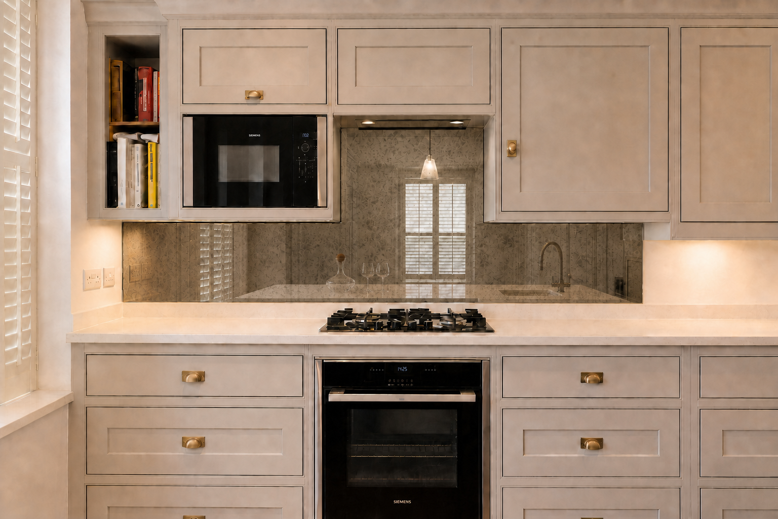 Front elevation of the cooktop, mirrored splashback, integrated oven and microwave