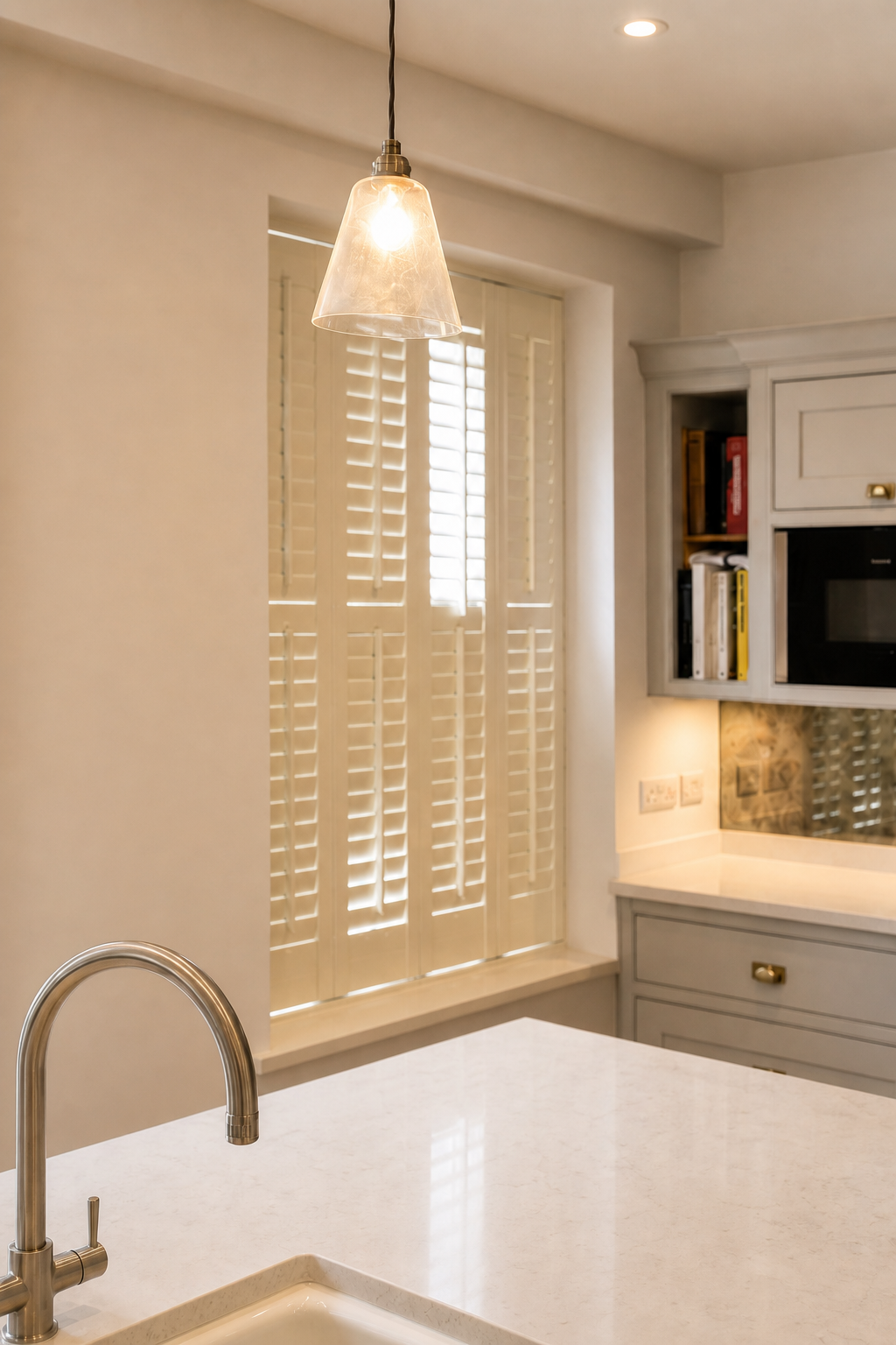 Clear glass pendant in front of white shutters with the island tap below